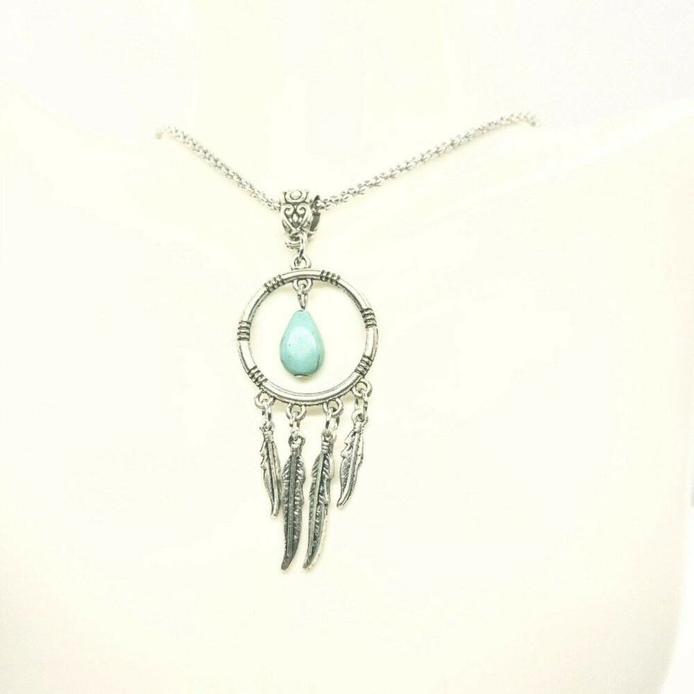 Silver Turquoise Dreamcatcher Feather Necklace